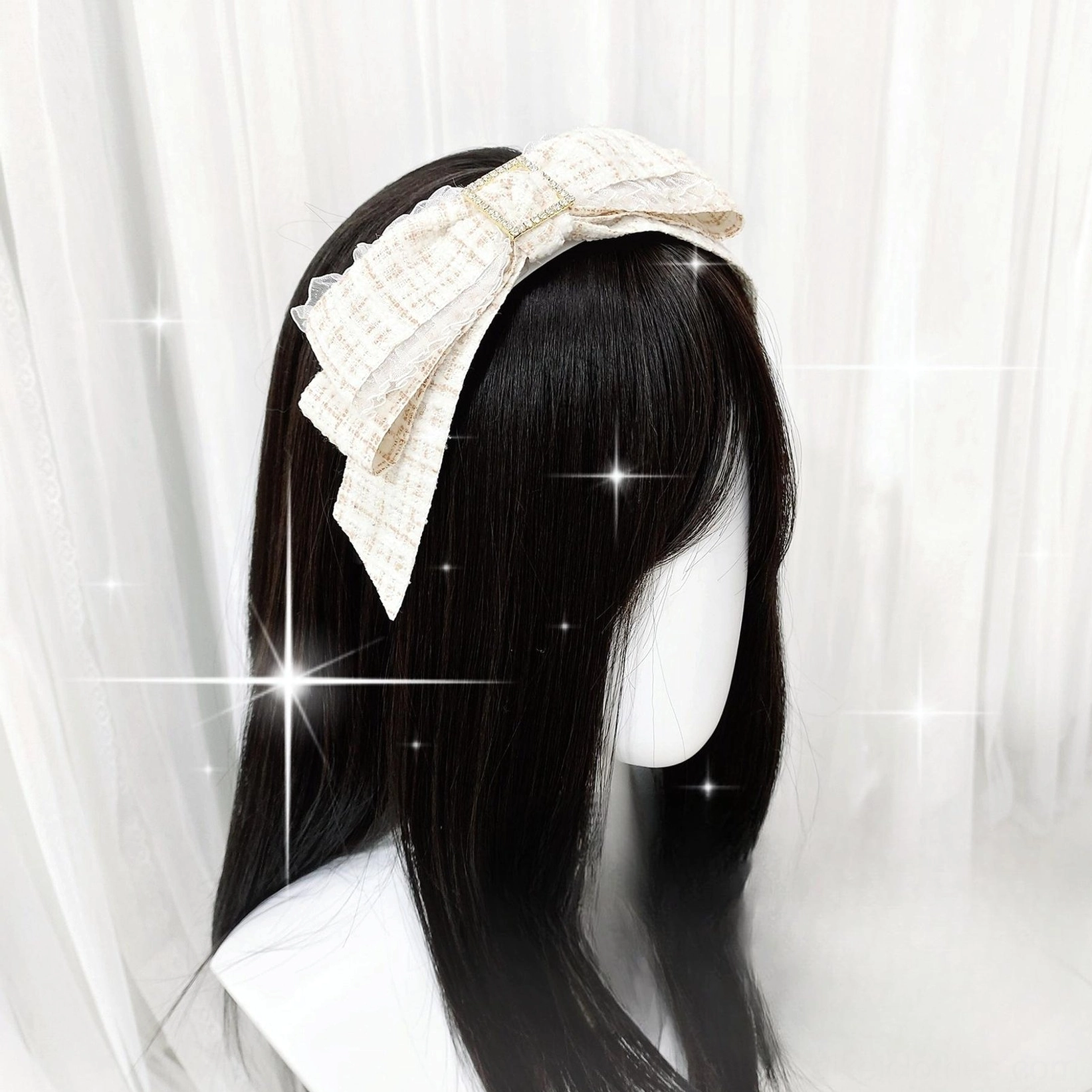 Off-white cream tweed double-layered bow headband with square rhinestone decoration Jirai aesthetic