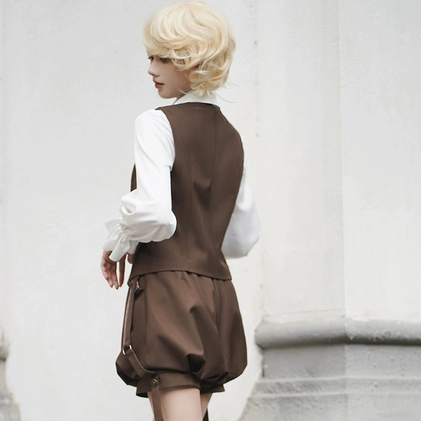 Ouji Lolita detective aesthetic serge fabric vest with button closure, decorative false pockets, steampunk charm detail, tailored shoulders, and structured silhouette for aristocratic presence