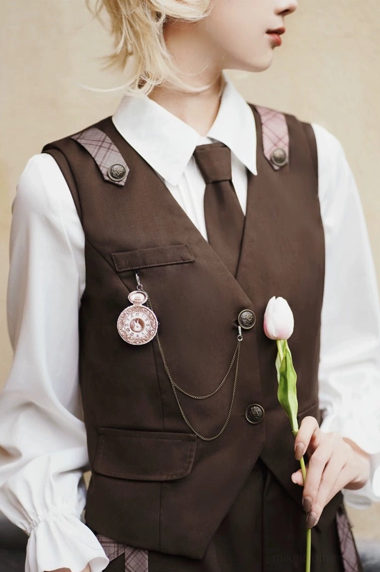Side angle detail shot of Detective Ouji Lolita outfit displaying vest with decorative shoulder straps, ruffled poet sleeve blouse, blonde model holding tulip prop with indoor neutral background