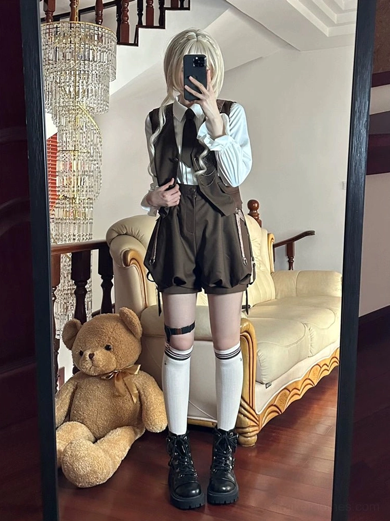 Ouji Lolita detective vest standalone piece with pocket watch chain detail, retro button closure, decorative straps, and detachable chest patch for customizable steampunk aristocrat look