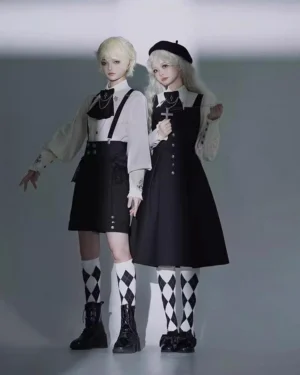 Ouji Lolita prince ensemble full-body front view with suspender trousers argyle socks beige blouse black strap dress modular set