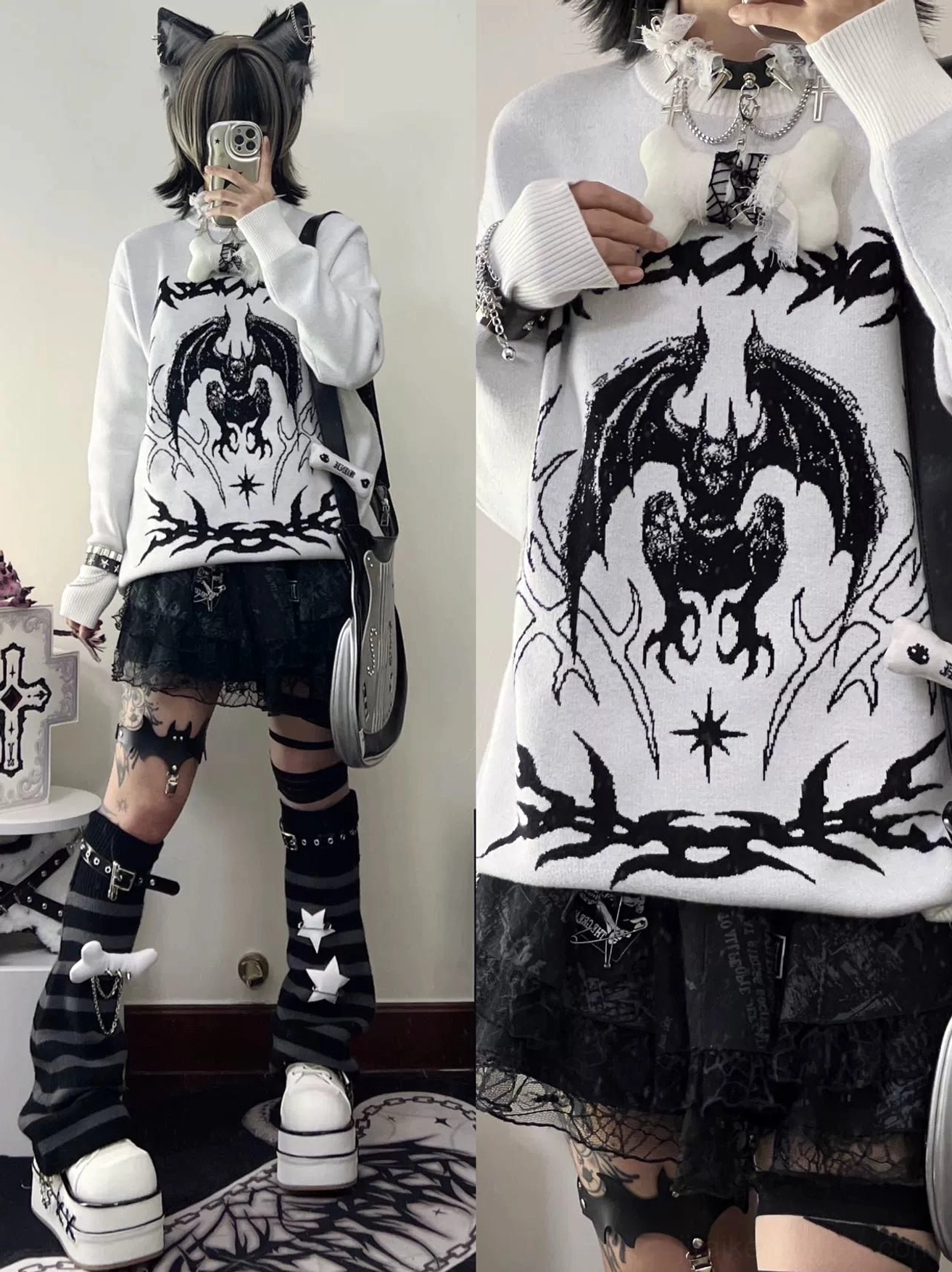 Bat printed oversized white sweater full-body selfie with cat ear hairpin cross body bag and star leg warmers
