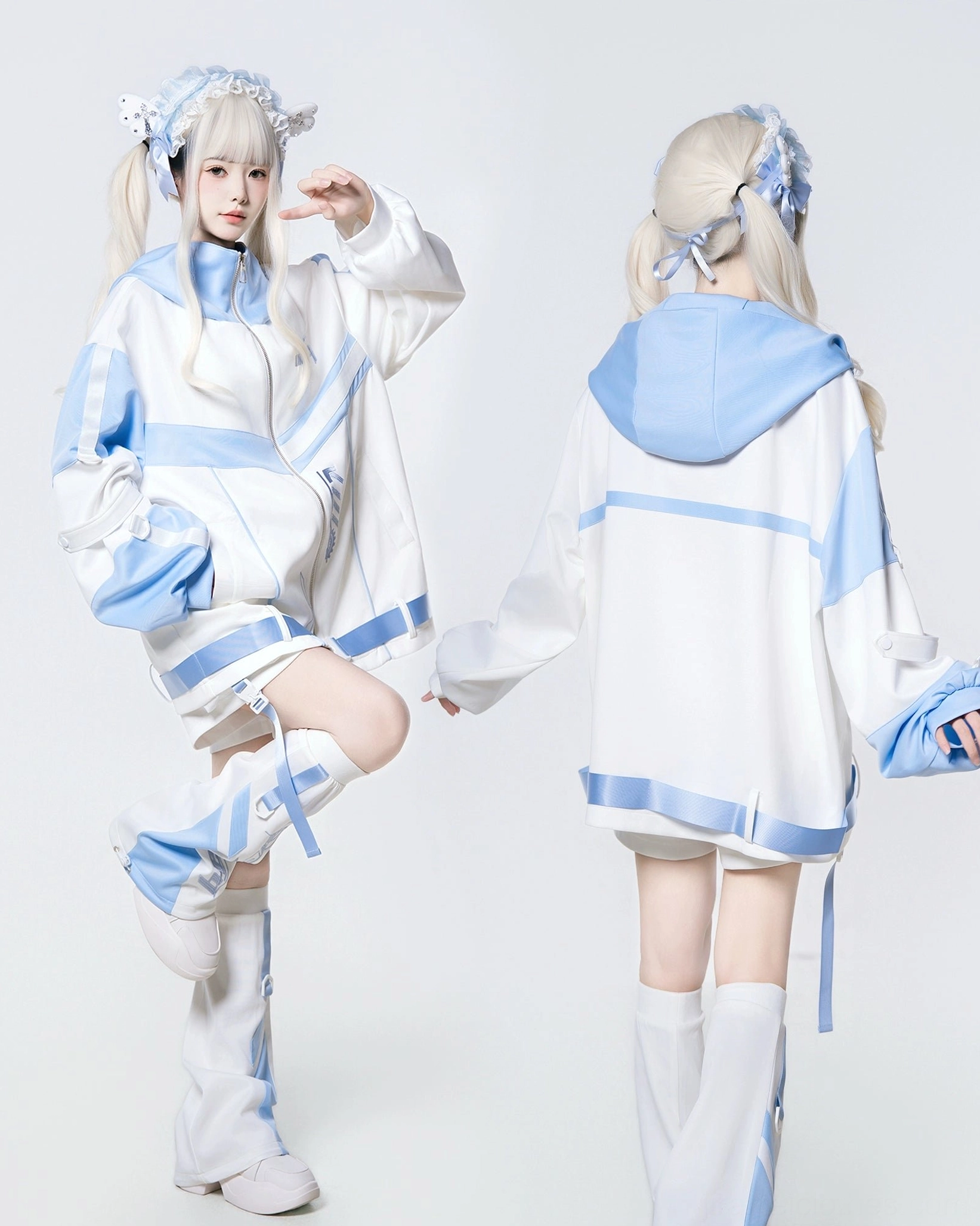 Techwear oversized hoodie with front and back display - showing hood interior lining and side drawstring details in light blue