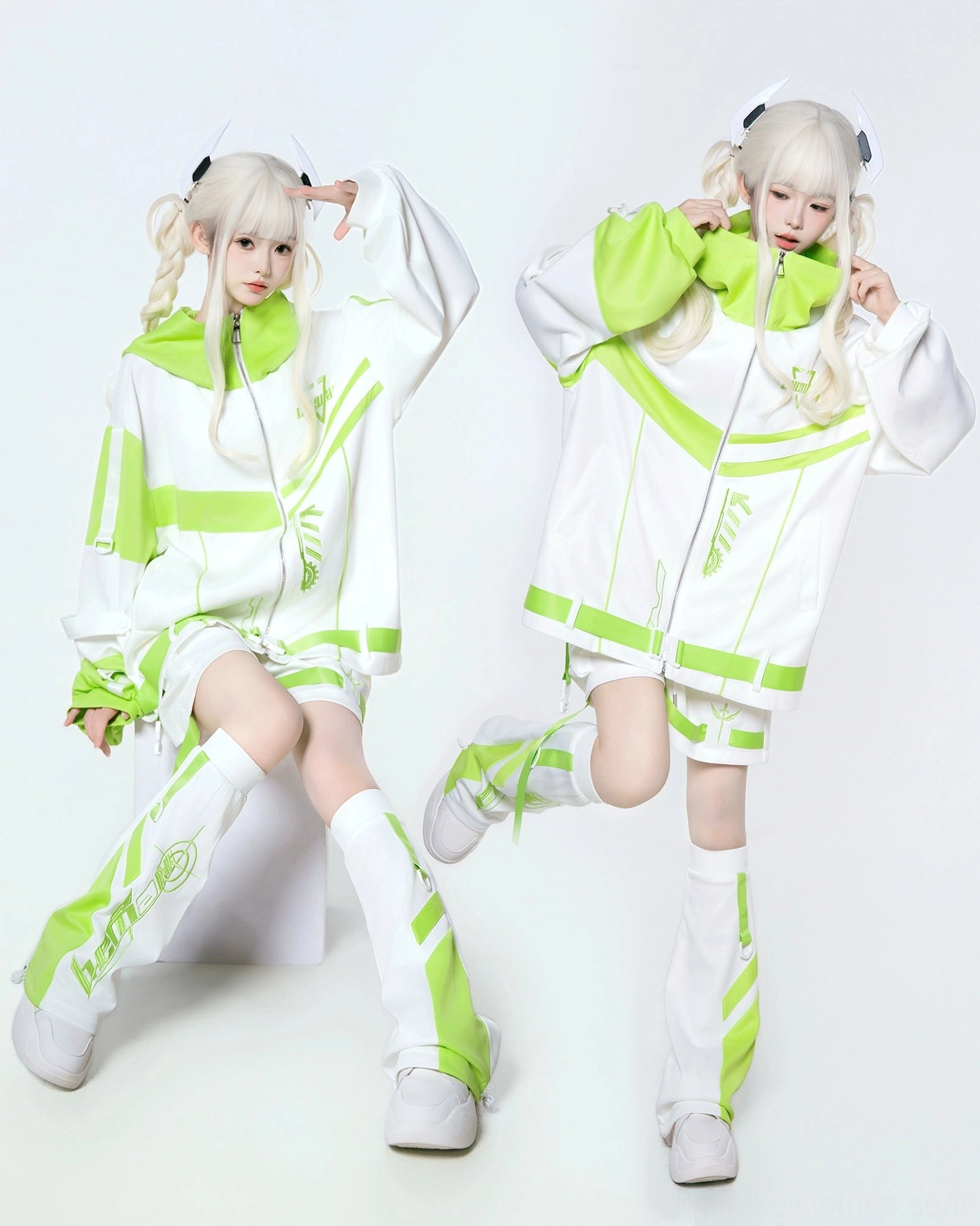Oversized Jirai Kei jacket in blue and white - detailed view of side pockets and overall construction quality