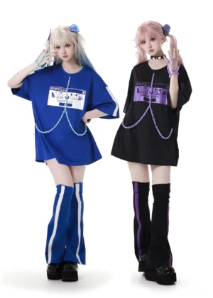 oversized-jirai-kei-pixel-tshirt-detachable-chain-full-front-double-model-black-purple-navy-white-striped-thigh-high-socks-studio