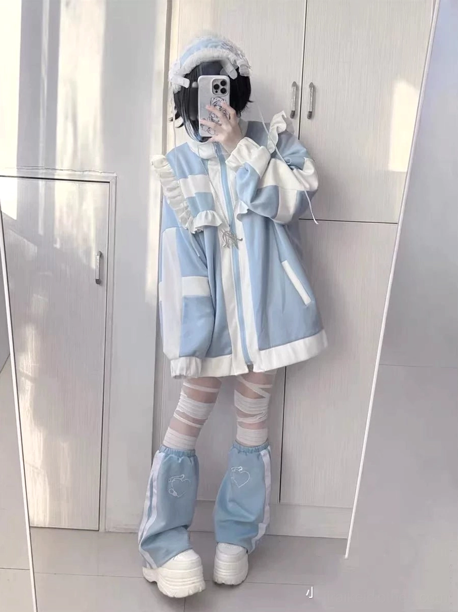 Oversized tenshi kaiwai zip jacket angled front mirror selfie frilly hairband striped tights leg warmers platform shoes