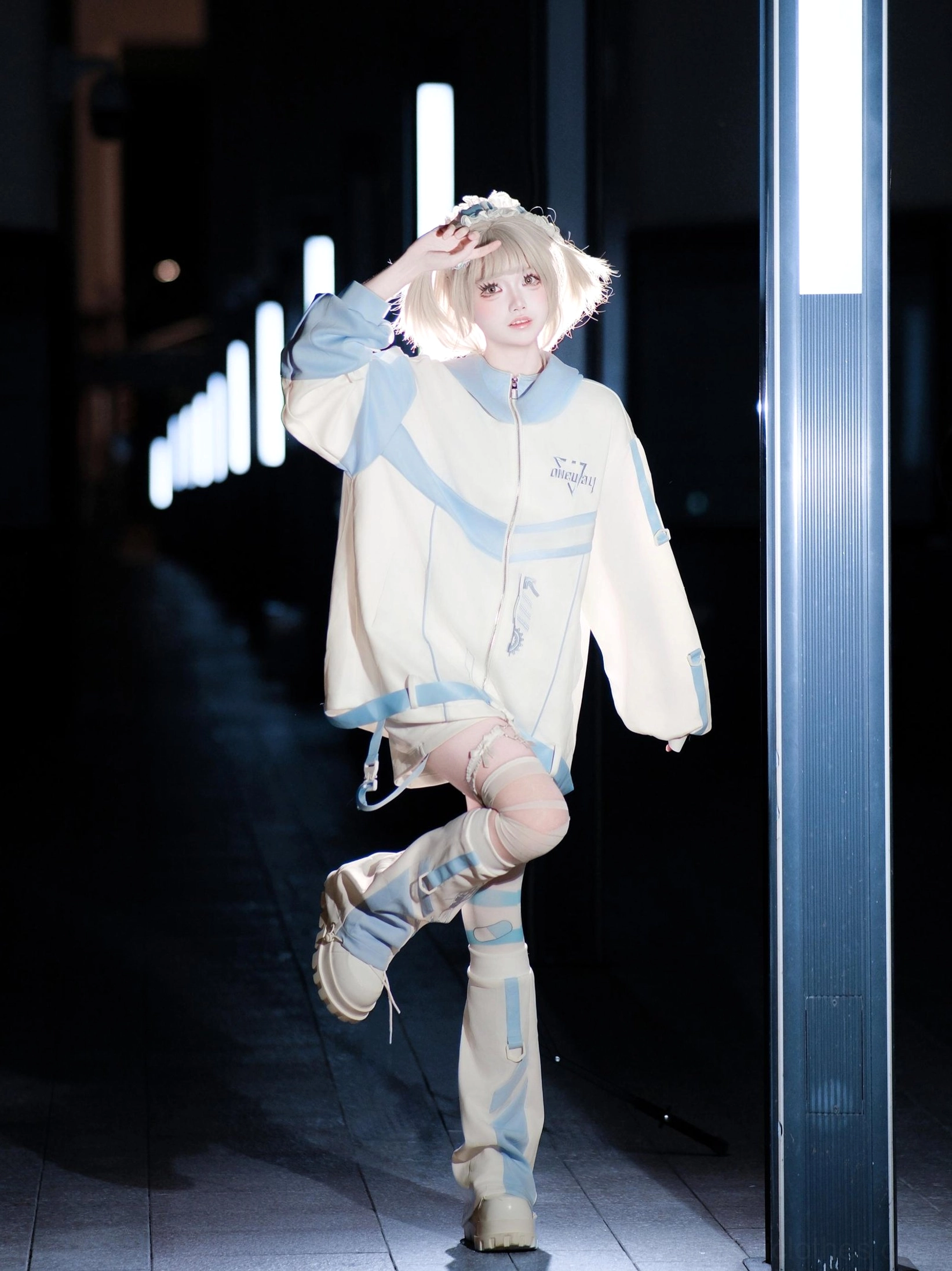 Oversized Tenshi Kaiwai jacket in blue white - showing side pocket placement and functional design details