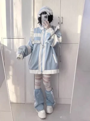 Oversized tenshi kaiwai zip jacket with ruffled chest trims baby blue white color block front mirror selfie