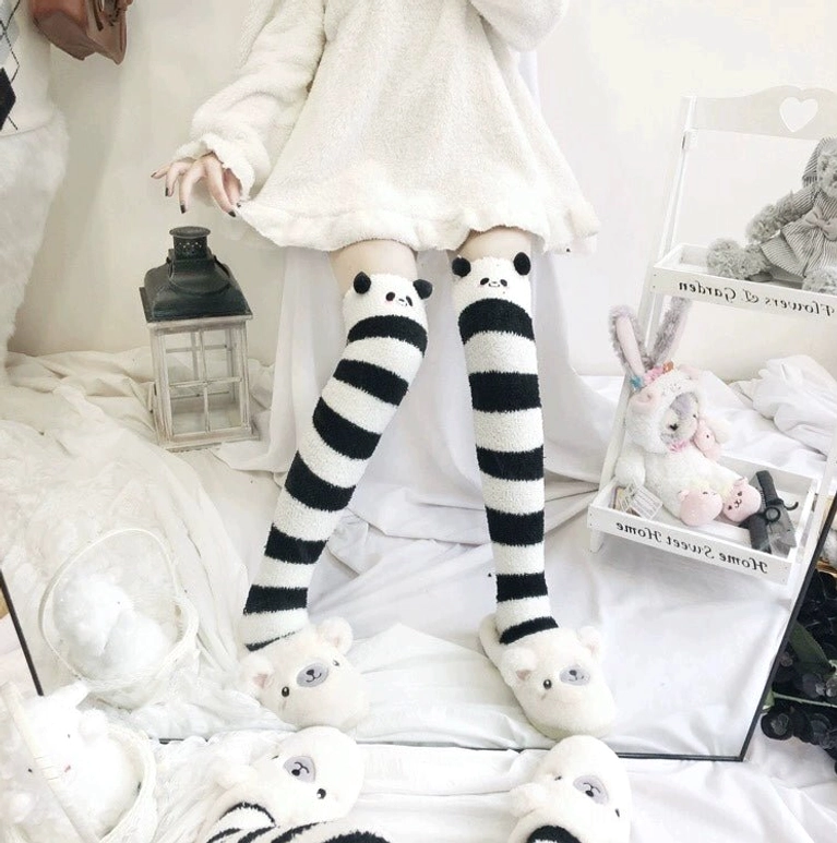 Panda embroidery black-white striped thigh-high socks back view bedroom aesthetic plush toys cute-goth fusion Y2K fashion