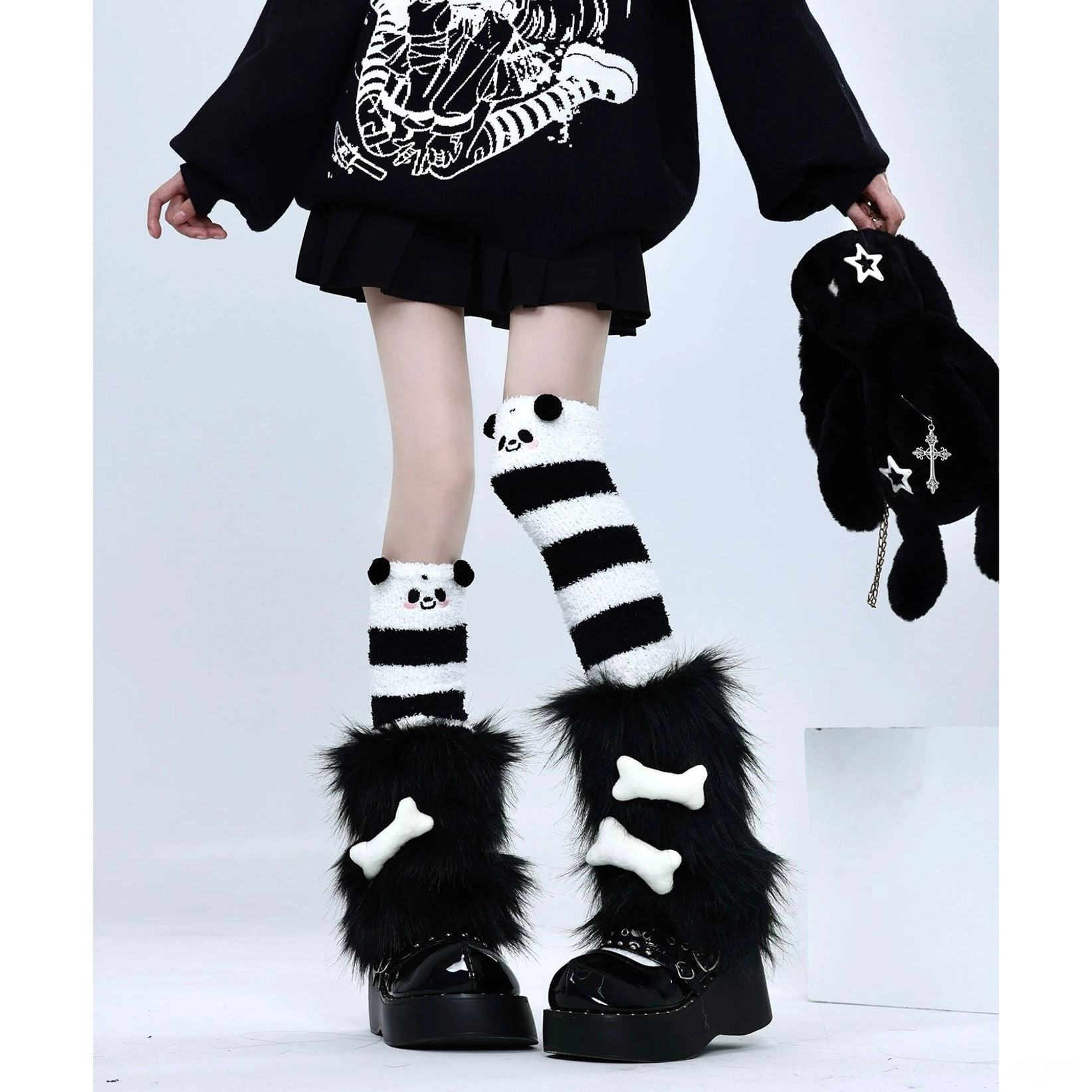 Y2K panda embroidery striped thigh-high socks black fuzzy leg warmers bone arrangement punk outfit Jirai Kei fashion photography
