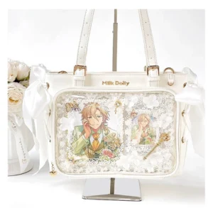 Milky white pastel jirai kei ita bag with ultra clear window showcase with white artificial roses and removable white ribbon bow