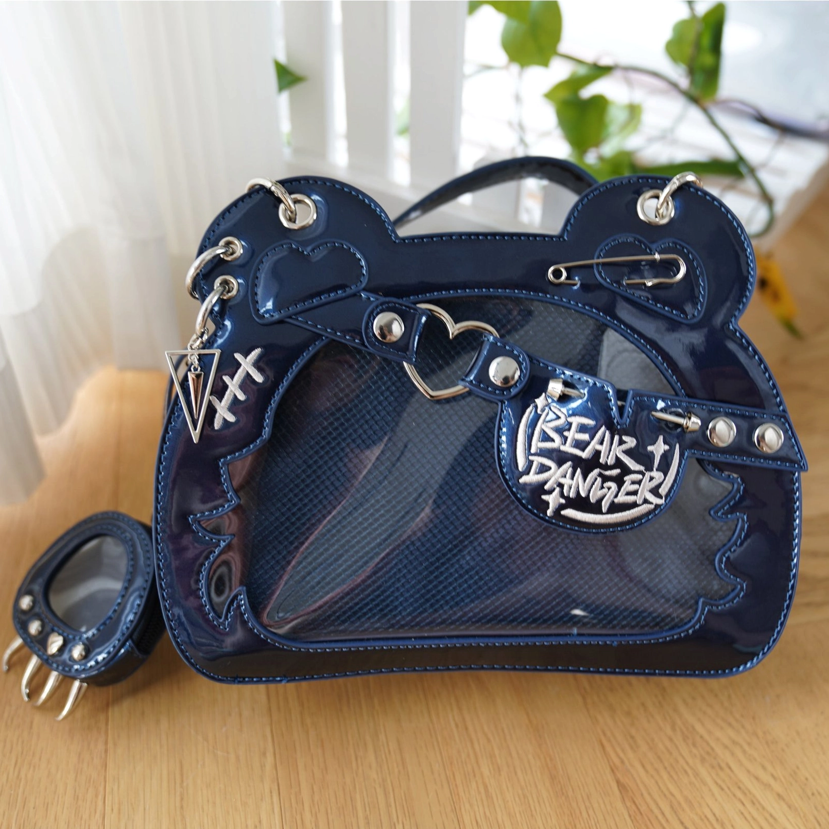Pearlized dark blue patent leather bear jirai kei ita bag with punk metal decor and bear paw shaped coin purse