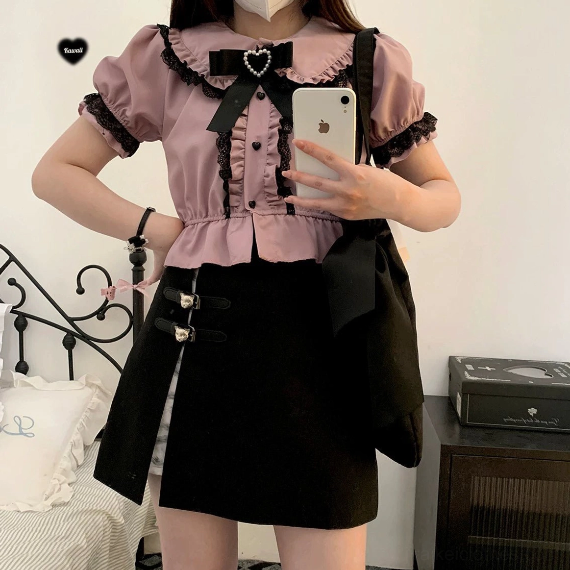Peter pan collar short-sleeve blouse half-body mirror selfie standard cropped fit front button placket