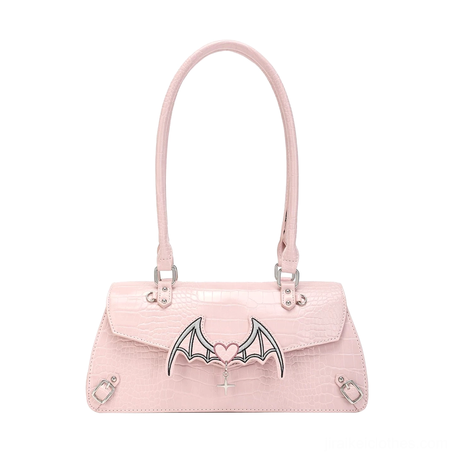 Pink croc texture bat-themed Jirai Kei itabag with clear collectible display window and studded edges premium accessory detail