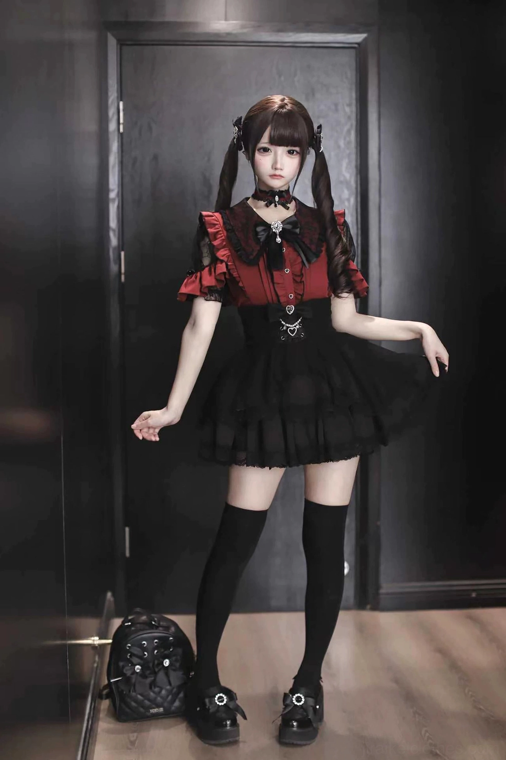 Pink and black Jirai Kei lace blouse lace sleeve detail with ruffle edge texture