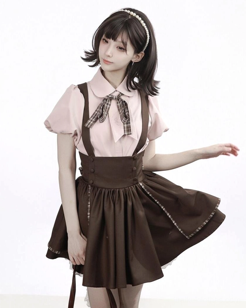 Pink bubble sleeve blouse with detachable swan embroidery collar brown layered suspender skirt half-body front view featuring hair hoop accessory