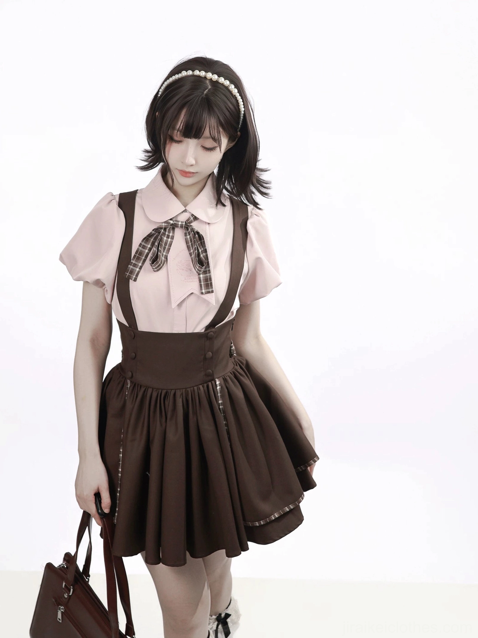 Pink bubble sleeve blouse white background flat lay showing front button closure bubble sleeves peter pan collar jirai academia style