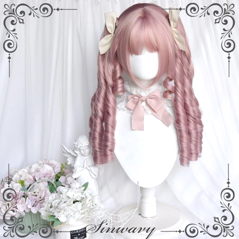 Full mannequin display of pink double ponytail Roman curl Lolita wig with beige side bows and pink neck bow against European white curtain backdrop with flower and angel decoration