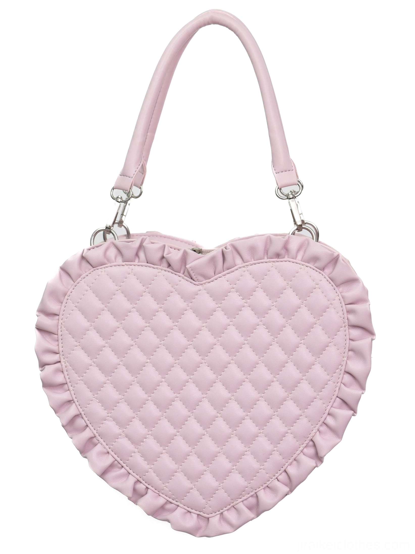 Pink diamond quilted heart-shaped Jirai Kei itabag flat lay front view on white background showing ruffled edge and quilted leather-like texture without front bow