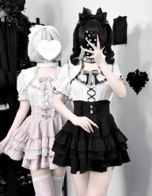 Pastel pink Jirai Kei blouse with lace collar and ruffled tiered skirt mirror selfie styling photo