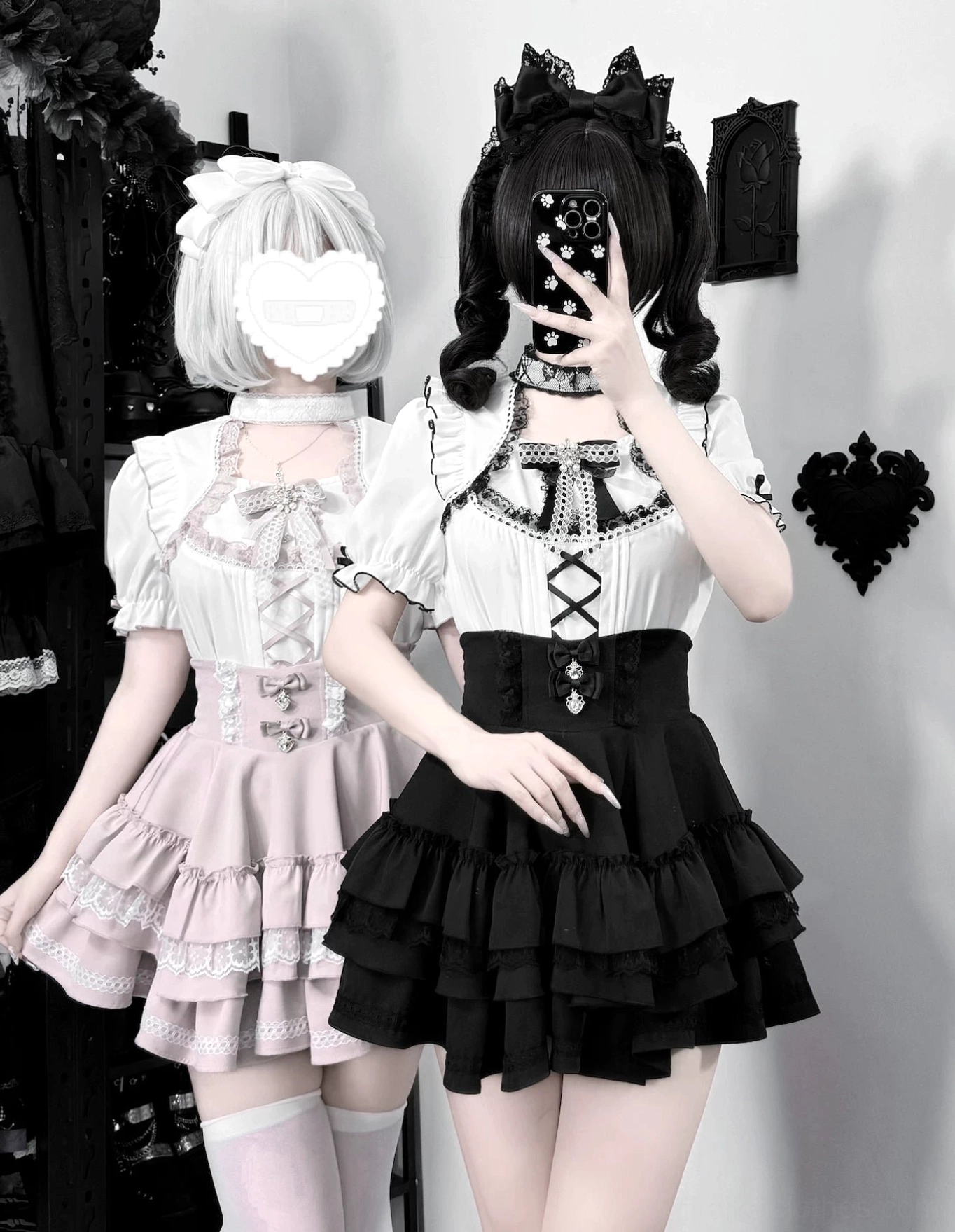 Pastel pink Jirai Kei blouse with lace collar and ruffled tiered skirt mirror selfie styling photo