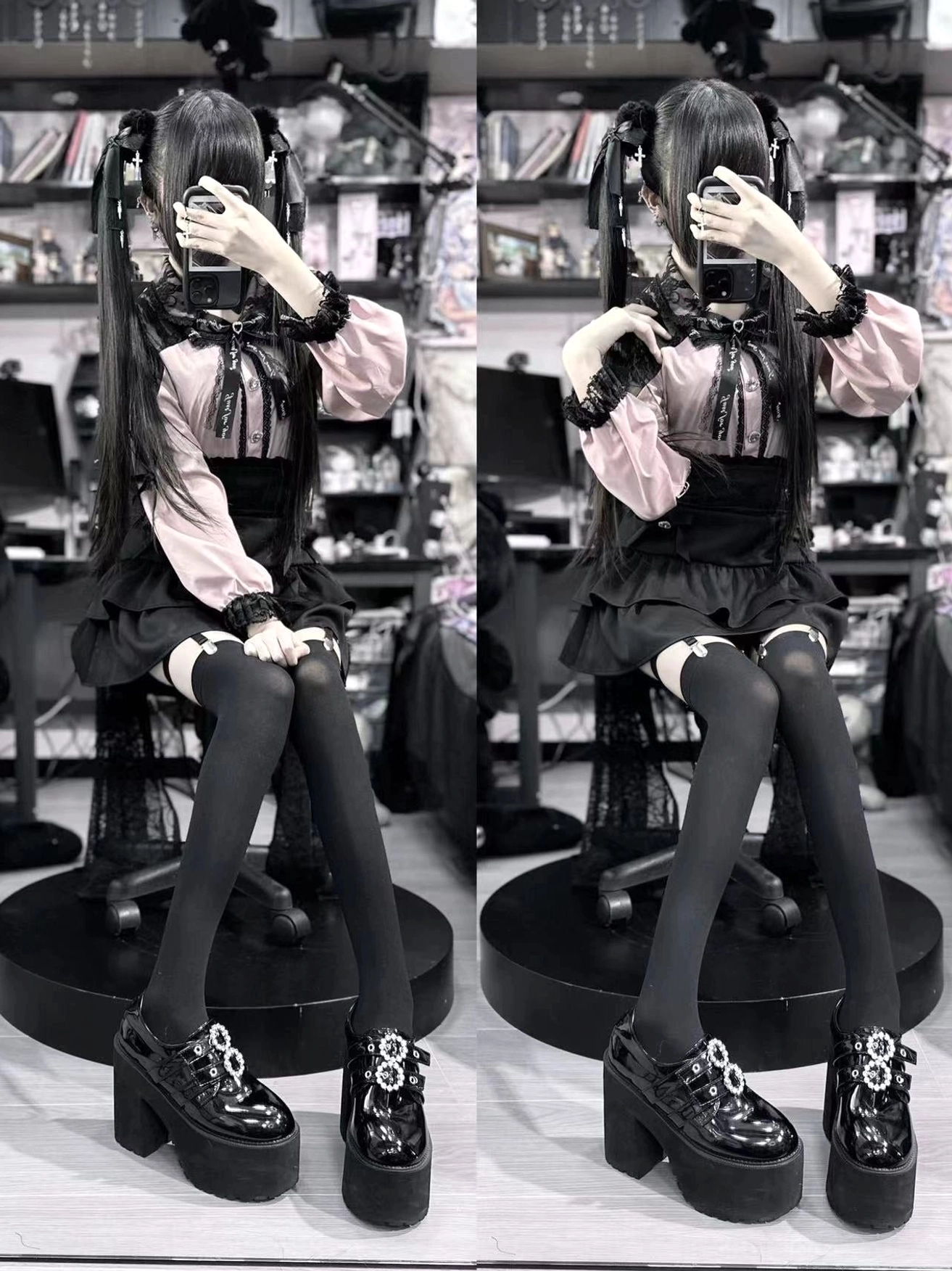 Pink Jirai Kei outfit full-length mirror selfie with twin-tailed model wearing black layered skirt platform shoes and thigh socks
