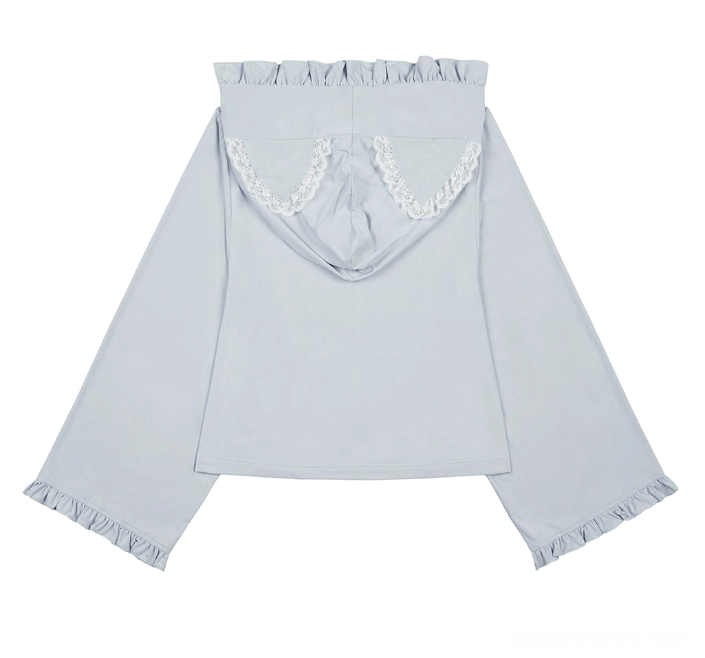 Pink Jirai Kei cat ear hooded jacket with soft feminine charm, ruffled hood and lace trim details in pastel tone