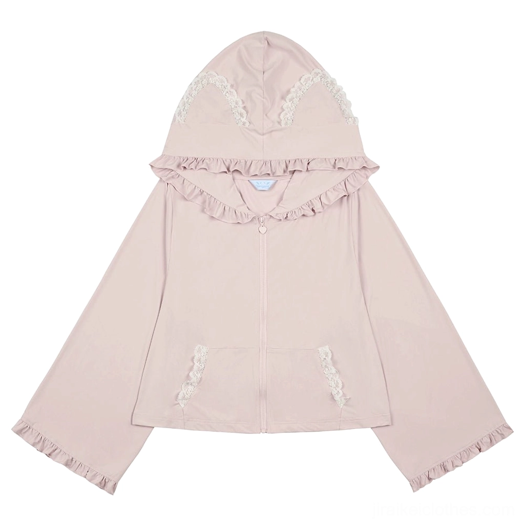 Pink cat ear hoodie jacket Jirai Kei style with ruffled trim and feminine design, front view showing cute aesthetic details