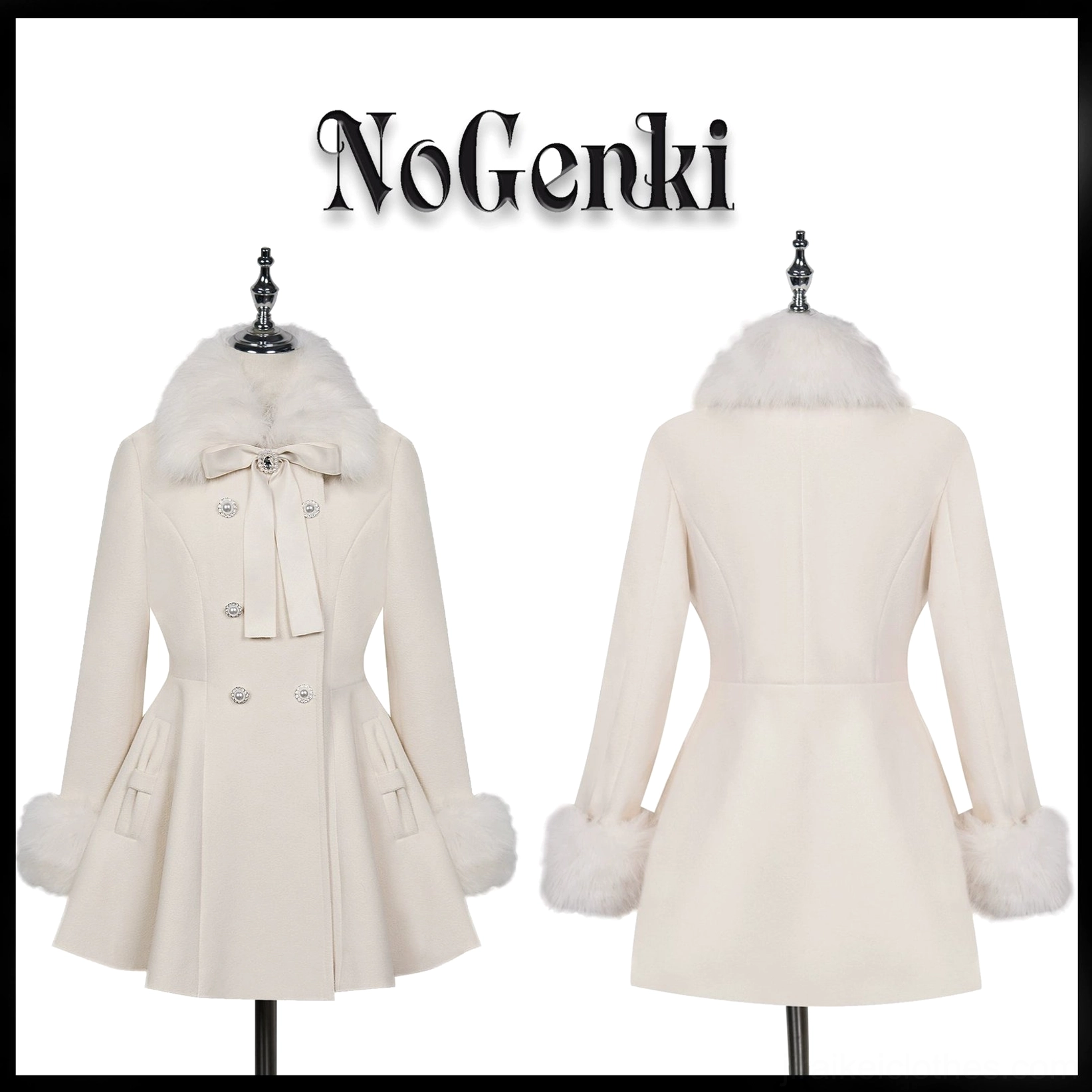 Pink Jirai Kei winter coat side-front angle showing A-line flared hem silhouette faux fur details and overall elegant proportions