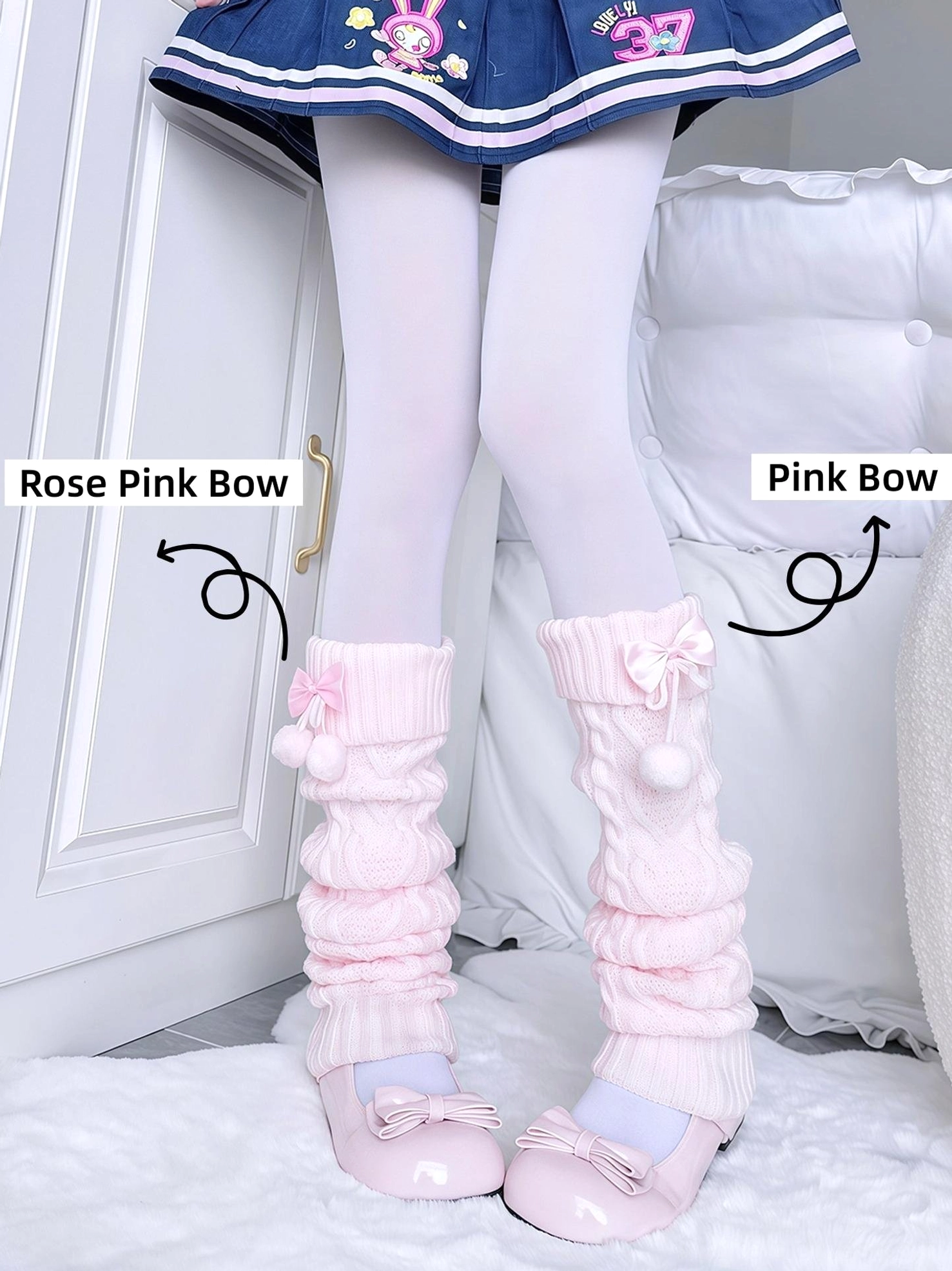 Pink knitted Jirai Kei leg warmers with white bow and pom-poms paired with sailor-style skirt, demonstrating JK-influenced fashion coordination and cute aesthetic