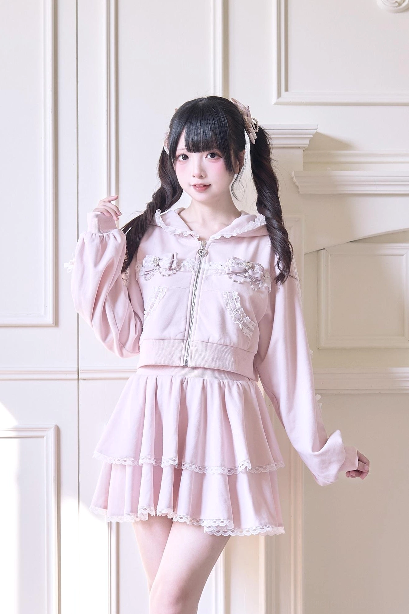 Pink Jirai Kei mini skirt individual piece showing double-layered ruffle hem and lace edge details standalone