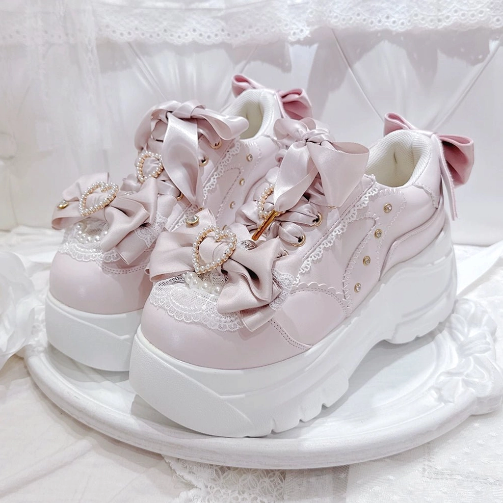 Pink Jirai Kei platform shoes with detachable bow clips, rhinestone hearts, chunky platform, kawaii aesthetic, all available size options