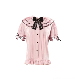 Pink Jirai Kei puff-sleeve blouse flat lay front view showing ruffled collar detachable bow heart-shaped buttons