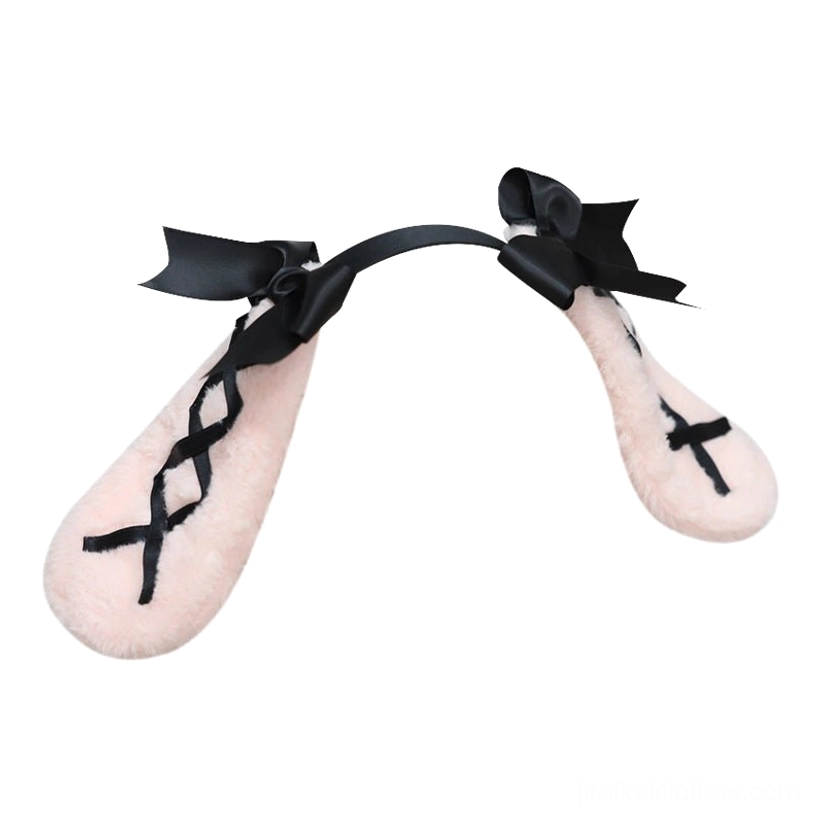 Pink rabbit ear hairband close-up front view with fluffy fur ears black crisscross ribbon and satin bows on white background