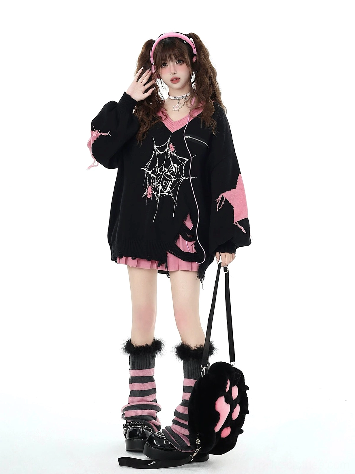 Pink Jirai Kei knit sweater with devil horn earmuffs and plush cat accessory complete outfit styling inspiration