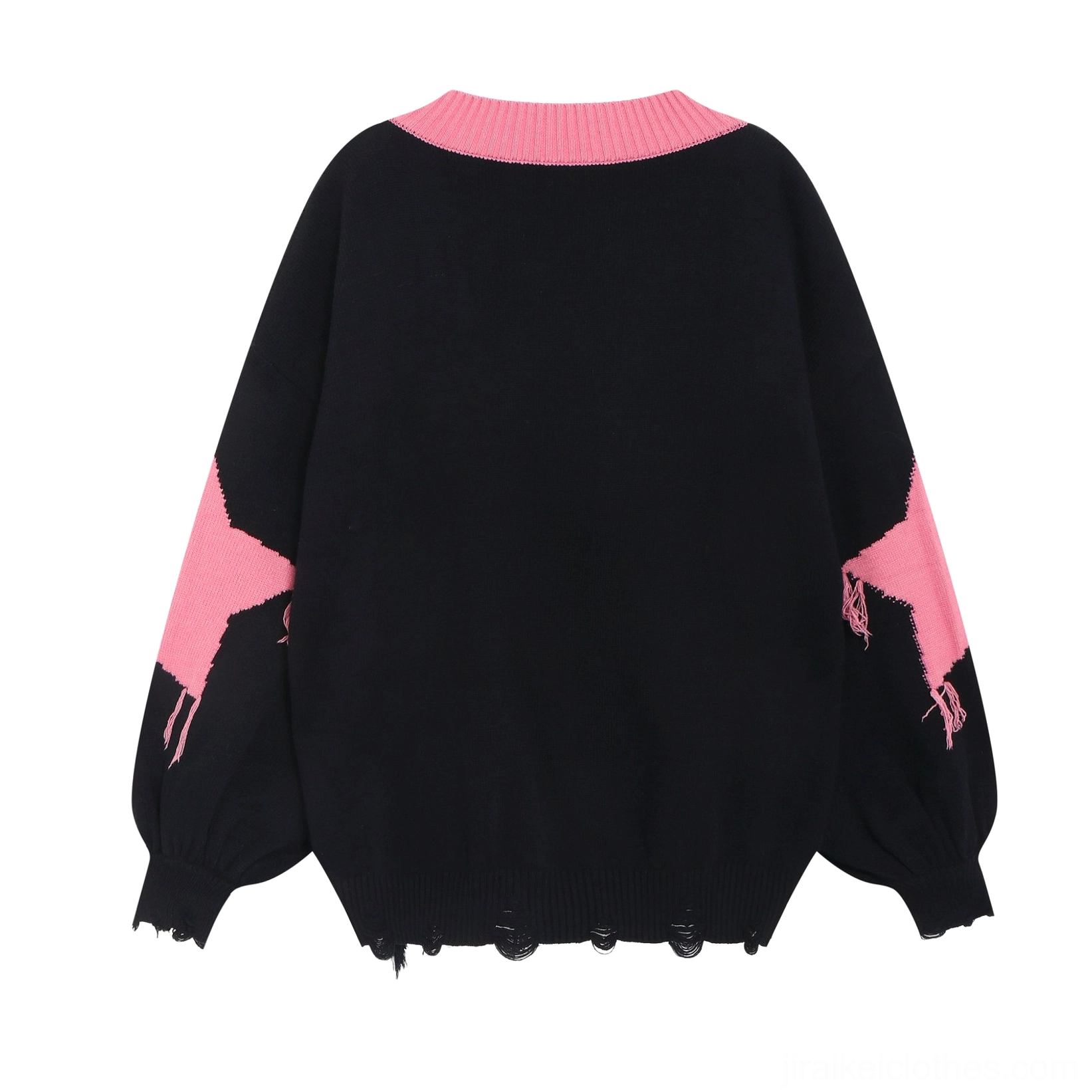 Pink Jirai Kei V-neck knit sweater with distressed hem and spider web print worn for alternative fashion statement
