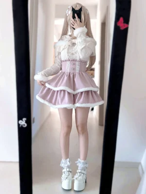 Full length mirror selfie pink Jirai Kei tiered skirt with white plush trim off-shoulder top platform boots styling
