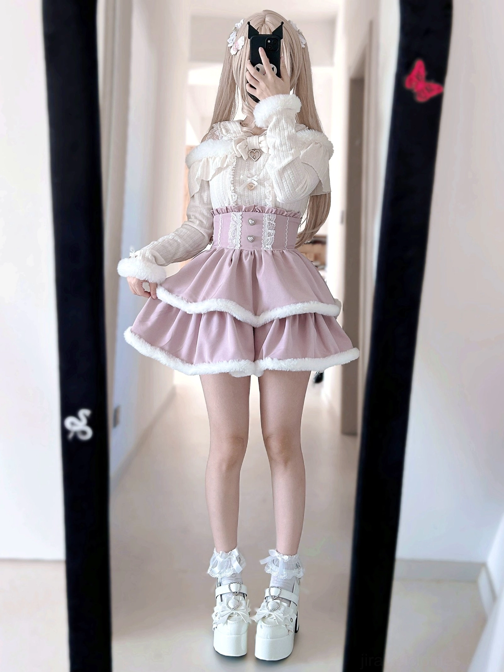 Full length mirror selfie pink Jirai Kei tiered skirt with white plush trim off-shoulder top platform boots styling