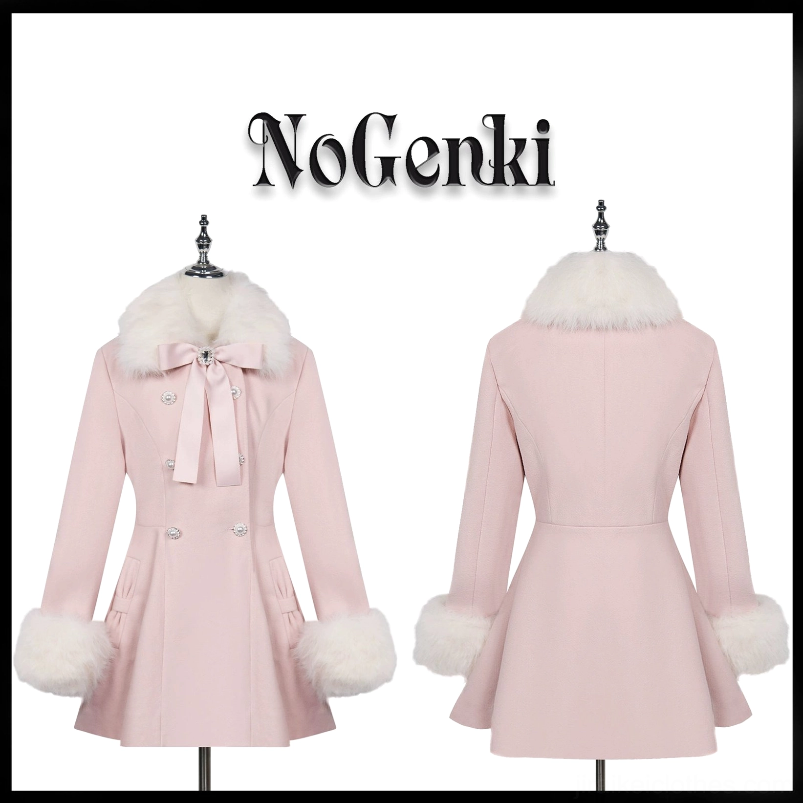 Pink Jirai Kei faux fur winter coat full-body back view displaying elegant silhouette flared hem and overall design from rear