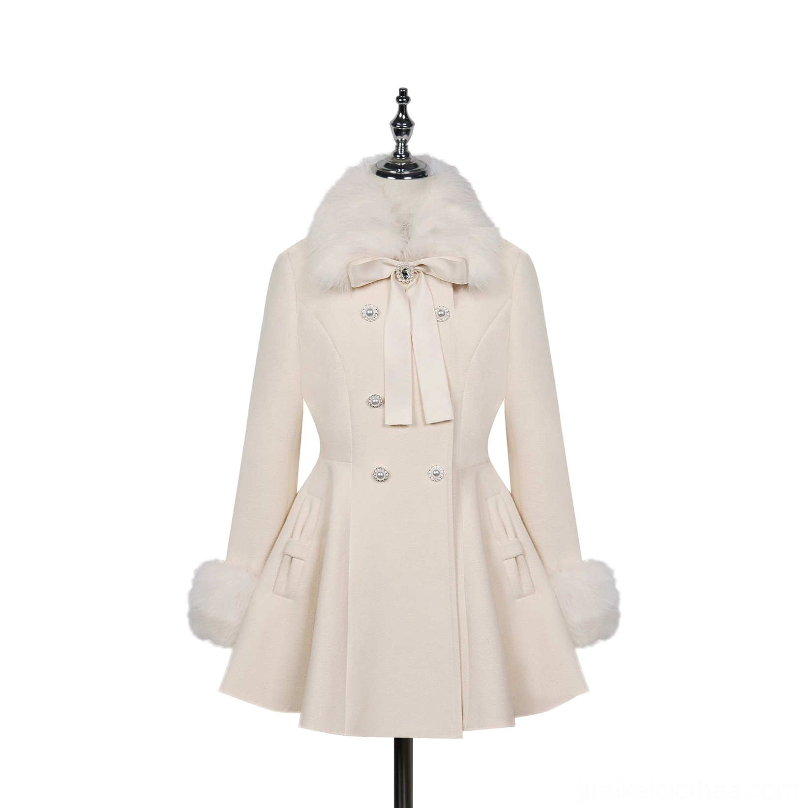 Pink romantic Jirai Kei winter coat close-up view highlighting neck bow ribbon detail faux fur trim and delicate silhouette