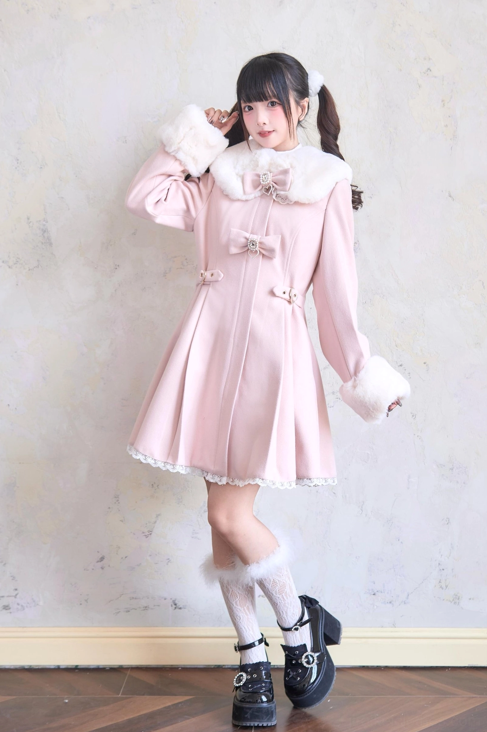 Pink Jirai Kei Wool Winter Coat with White Fur Collar Cuffs and Bow Decorations - Three-Quarter Front View