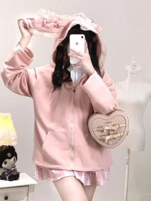 Pink lace bunny ear hooded zip jacket with heart-shaped zipper, Jirai Kei kawaii fashion half-back selfie view