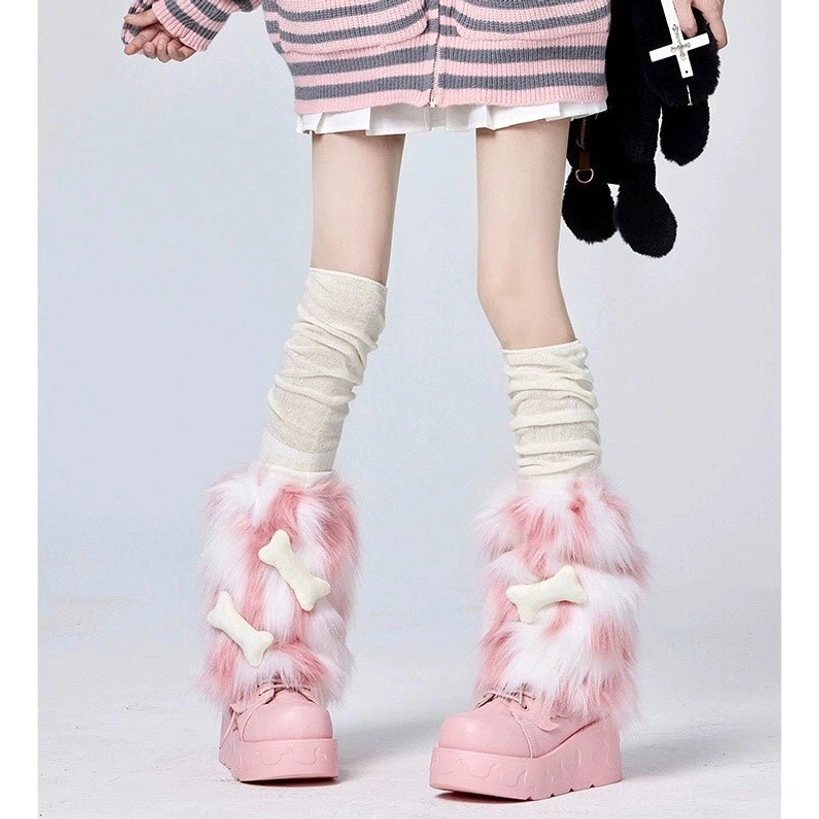Pink plush leg warmers with beige stacked knee socks white bone accents pink platform shoes Jirai Kei soft-goth aesthetic