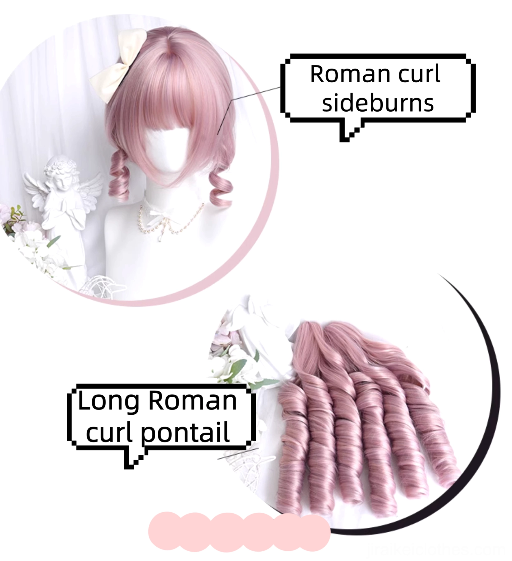 Pink double ponytail Lolita wig with alternative styling options and bow placement variations for different Jirai Kei fashion expressions
