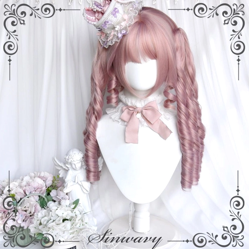 Pink double ponytail Lolita wig with delicate floral headdress accessory on top, showcasing complete sweet aesthetic and Jirai Kei styling potential on mannequin