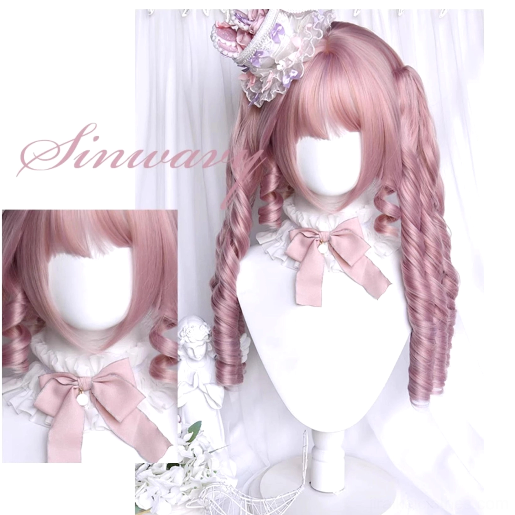 Pink double ponytail Lolita wig texture and curl pattern close-up showing high-temperature synthetic fiber quality and natural hair-like appearance