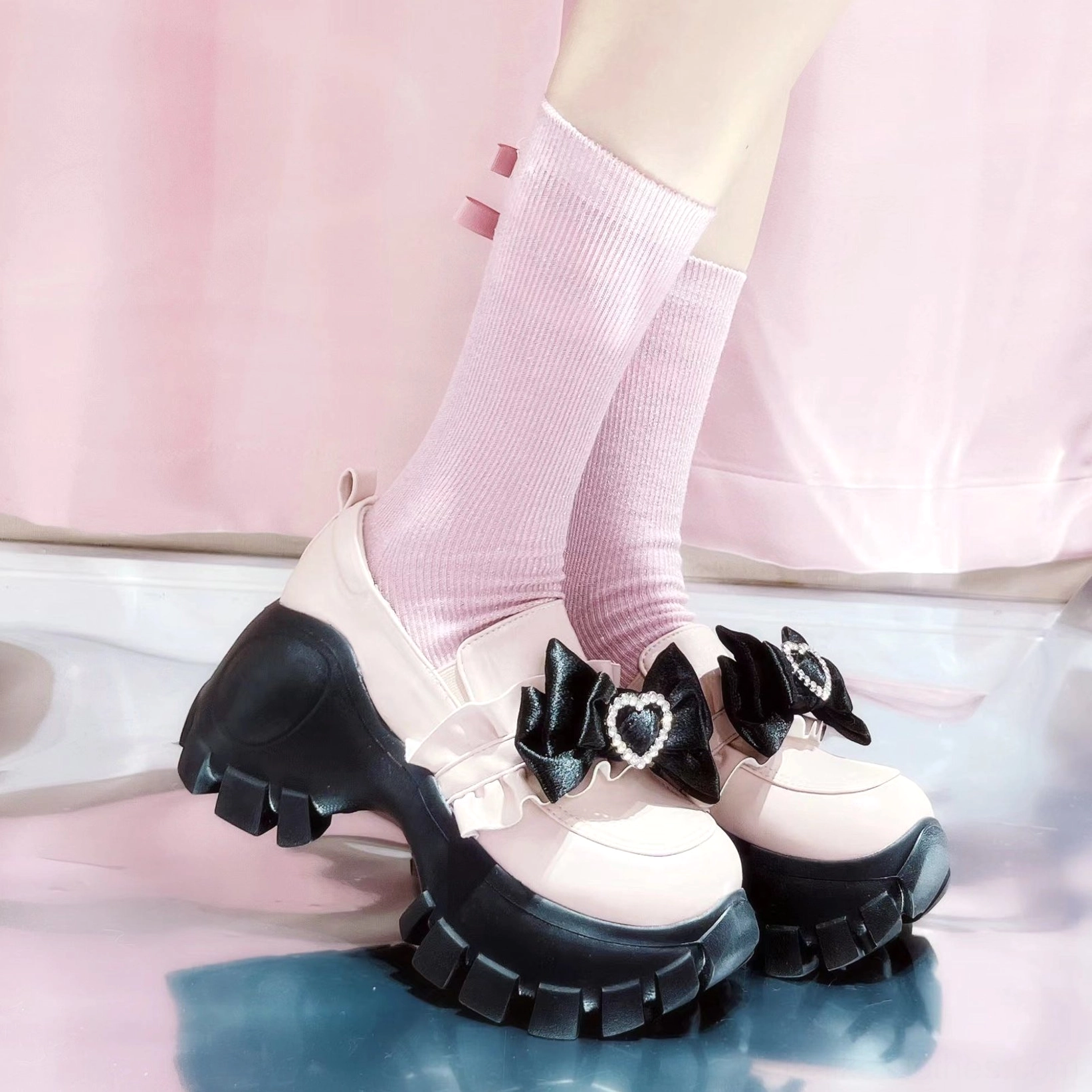 Pink matte JK platform shoes with detachable heart rhinestone bow, thick platform sole, Jirai Kei aesthetic studio photography