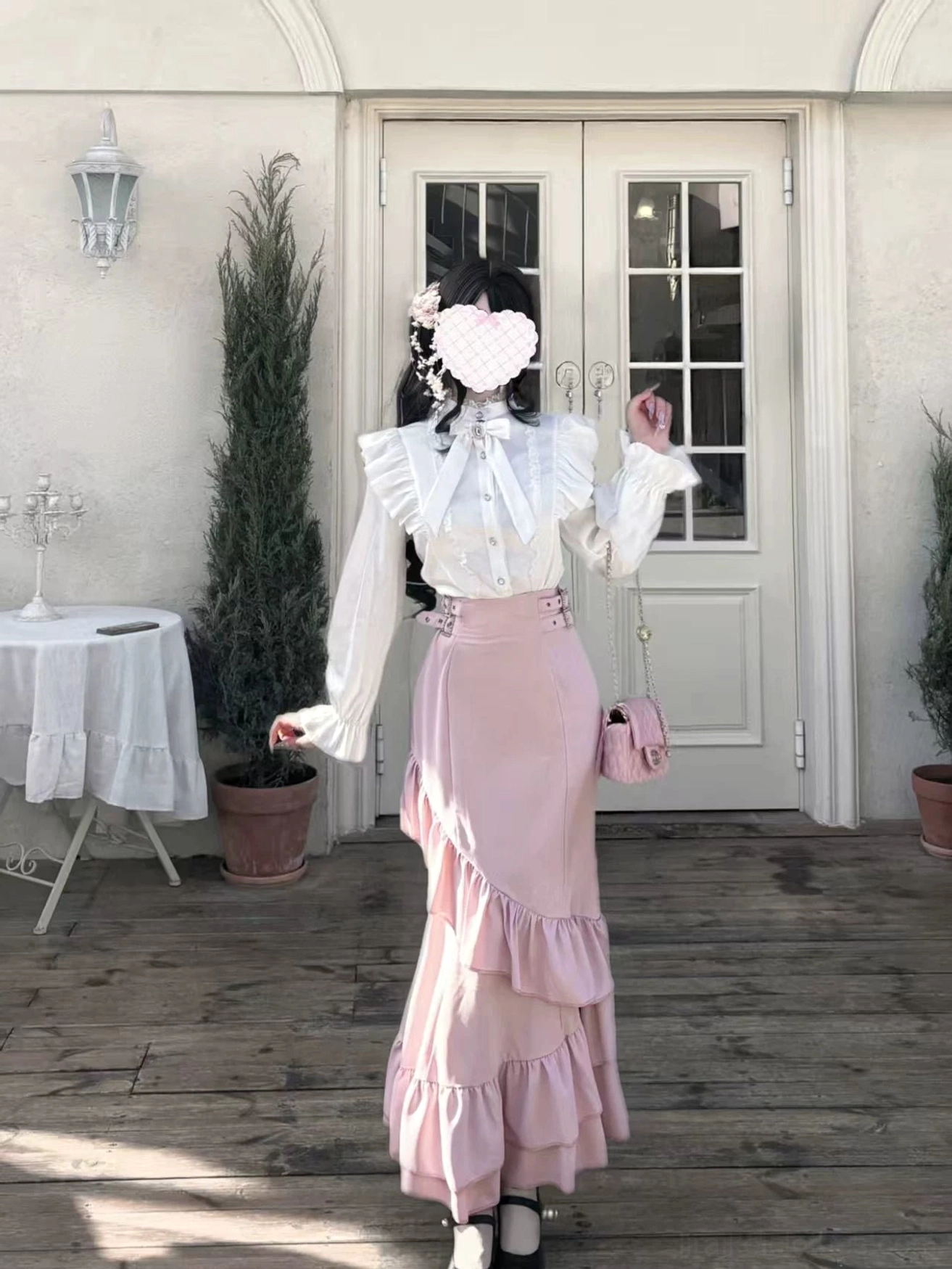 Pink mermaid fishtail skirt with layered ruffle hem and white lace-trimmed blouse with flared sleeves and crystalline bow tie - full back view showing romantic Jirai Kei aesthetic