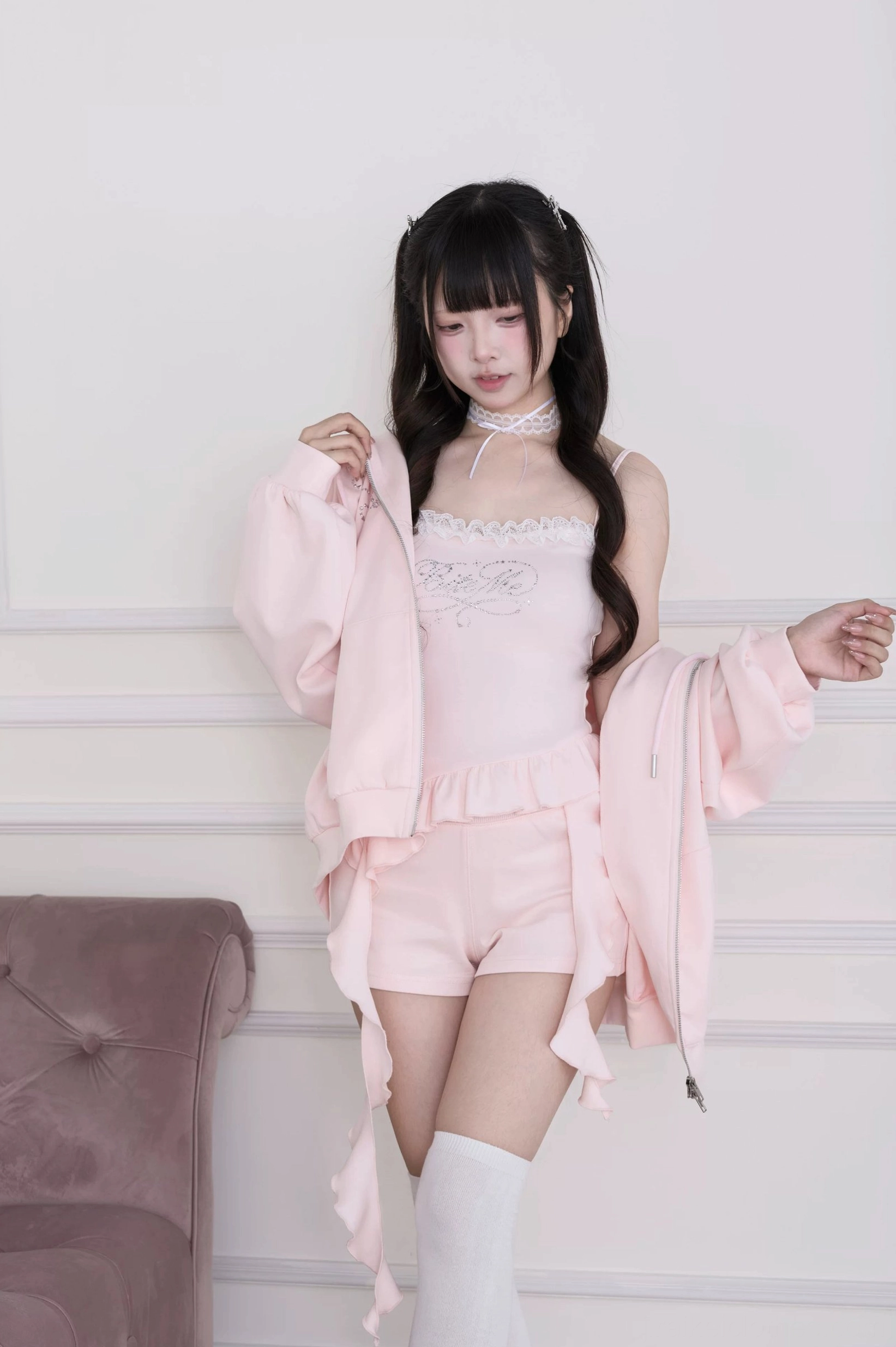 Pink oversized hoodie jacket worn open with matching camisole and shorts - Jirai Kei street style deconstructed layering