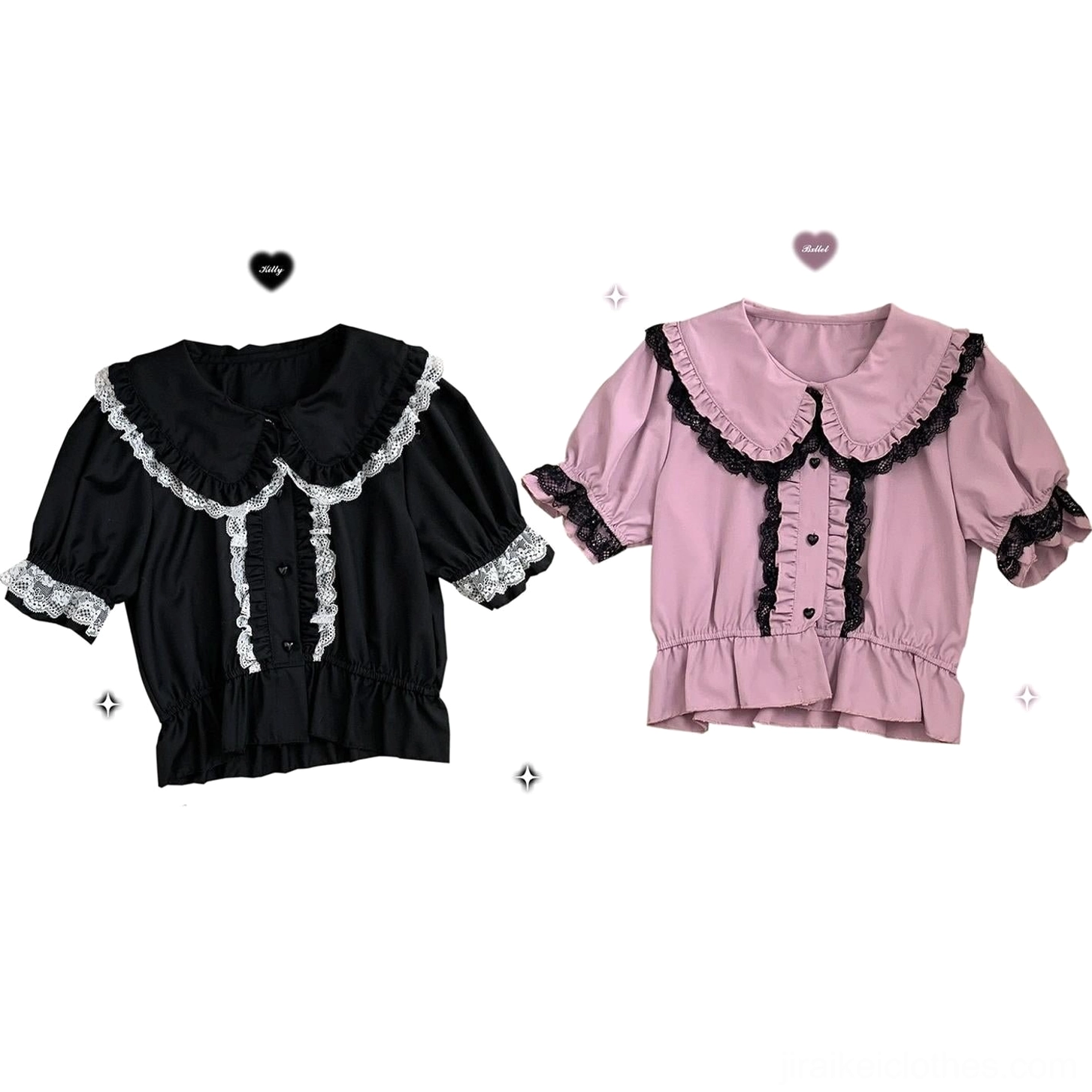 Pink peter pan collar jirai kei blouse heart-shaped buttons bubble sleeve emotional aesthetic